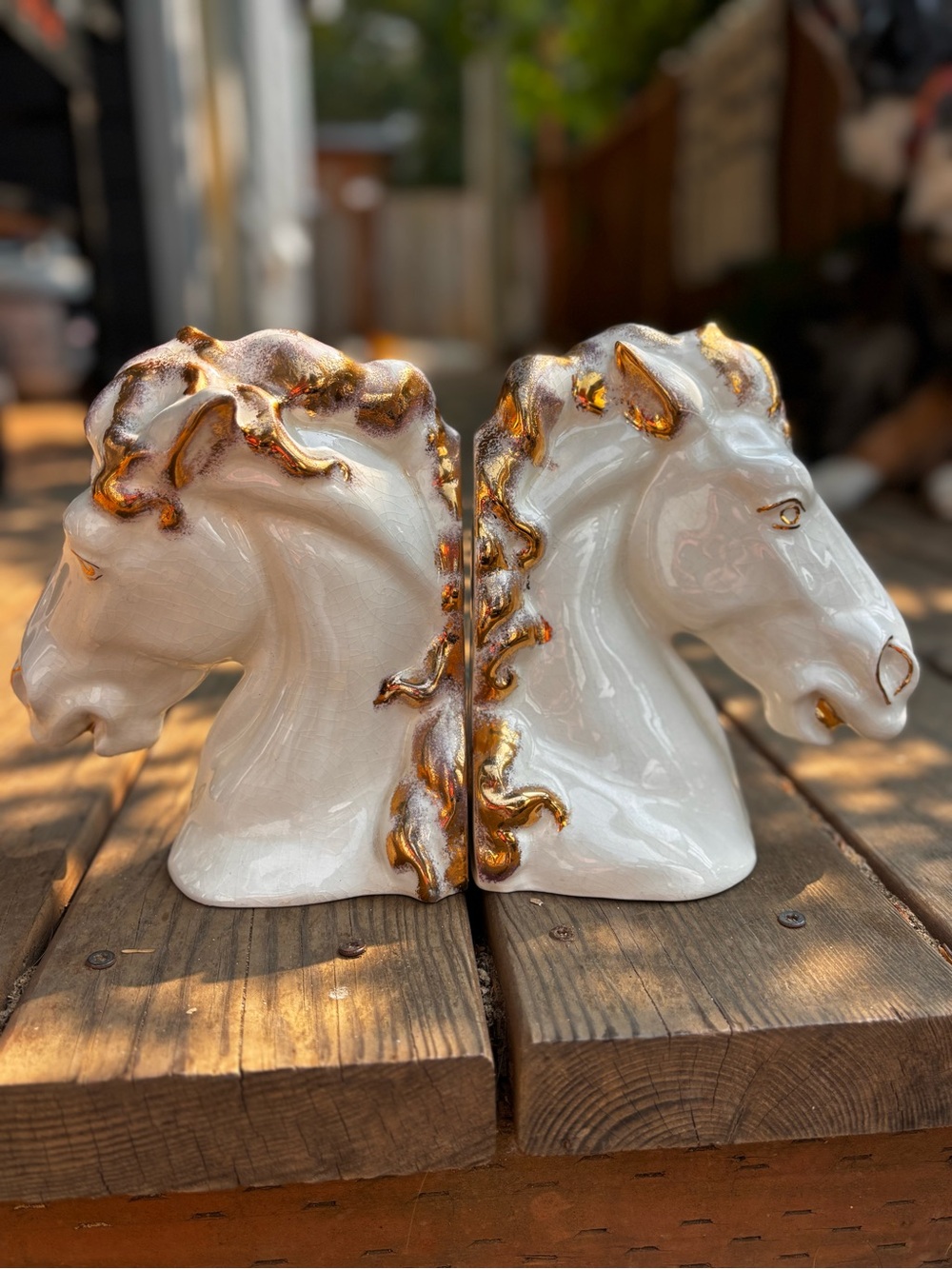 White Ceramic Horse Head Bookends with Gold Accents